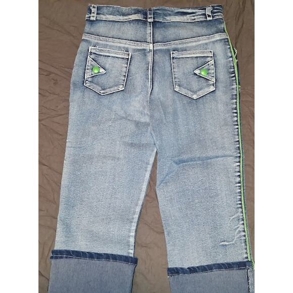 okyo Embroidered Denim Capris with Neon Green Trim - Size 2 - Picture 2 of 3